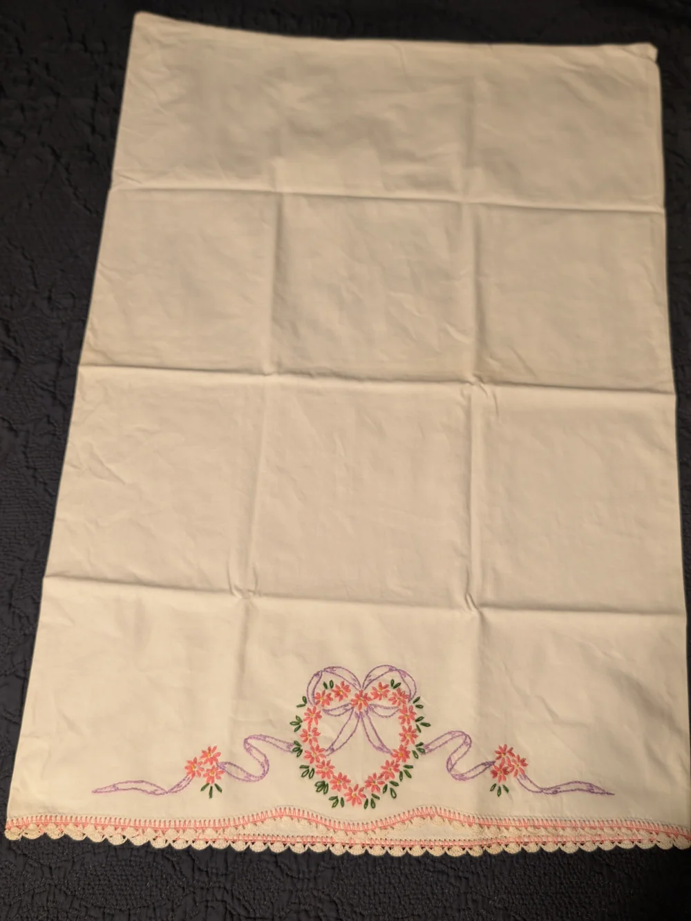 Embroidered Heart Floral Pillowcases - Cream with Pink & Green